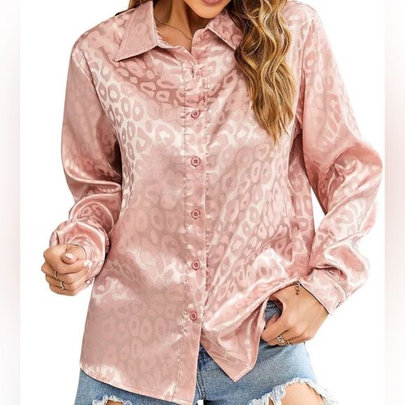 Pink Peach Leopard Women’s Button Down Shirt Long Sleeve Casual Work Loose - Picture 2 of 4